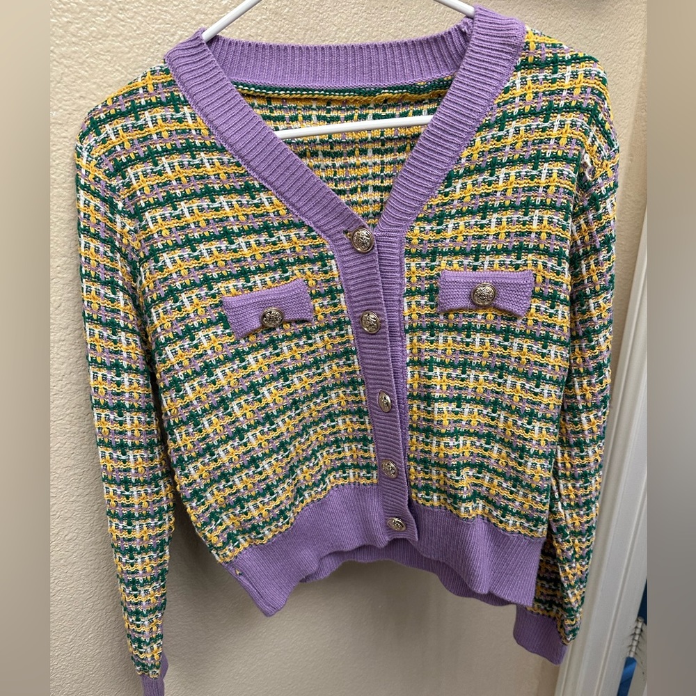 purple & green plaid tweed cardigan